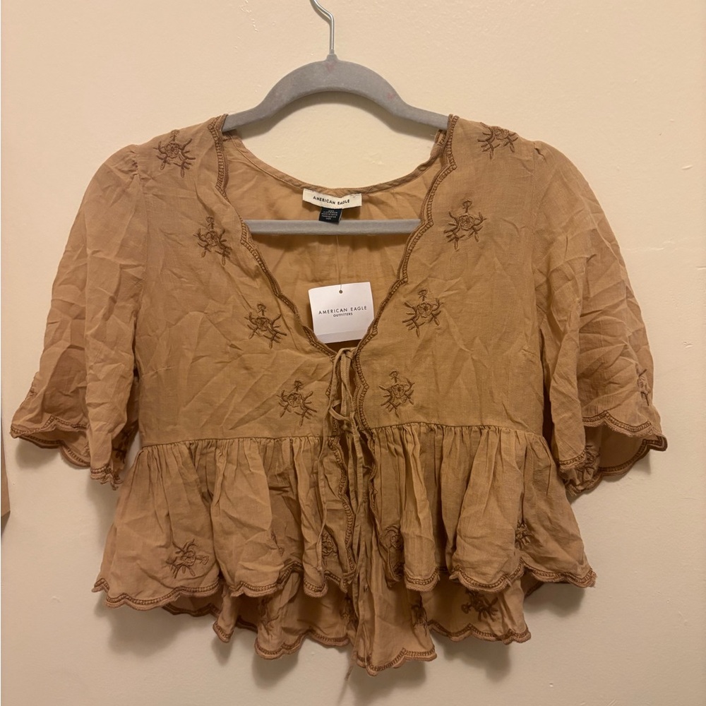 American Eagle Outfitters Women's Tan Embroidered Top
